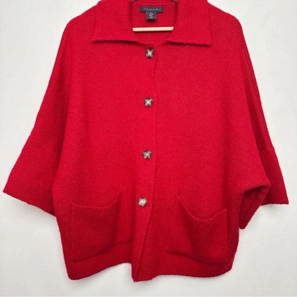 Tahari Womens Medium Button Collar Red Wool Oversized Cardigan - Picture 5 of 14